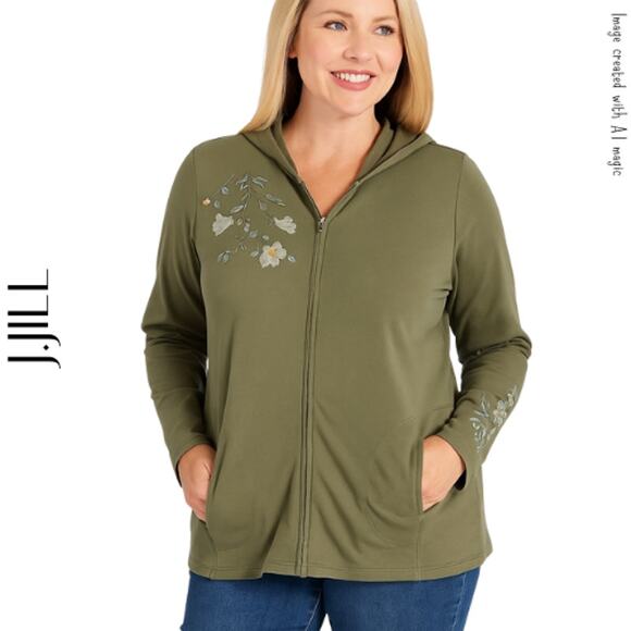 J.Jill Green Floral Embroidered Full Zip Hoodie, S - Picture 1 of 10